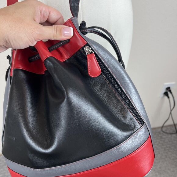 ILI New York Bucket Bag Womens Black Red Genuine Leather Drawstring Crossbody - Picture 5 of 13